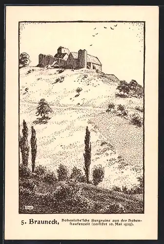 Künstler-AK Brauneck, Blick auf Hohenlohe`sche Burgruine aus der Hohenstaufenzeit