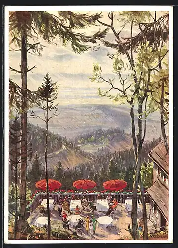 Künstler-AK Freiburg, Schauinslandbahn, Terrasse des Berghotels