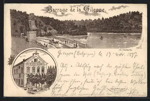 Lithographie Gileppe, Barrage de la Gileppe, Cafe-Restaurant au Lion de la Gileppe