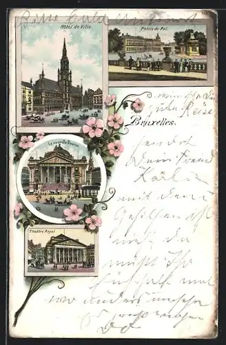 Lithographie Brüssel / Bruxelles, Hôtel de Ville, Palais du Roi, Theatre Royal