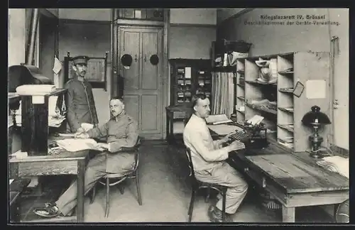 AK Brüssel / Bruxelles, Kriegslazarett IV, Geschäftszimmer der Geräte-Verwaltung