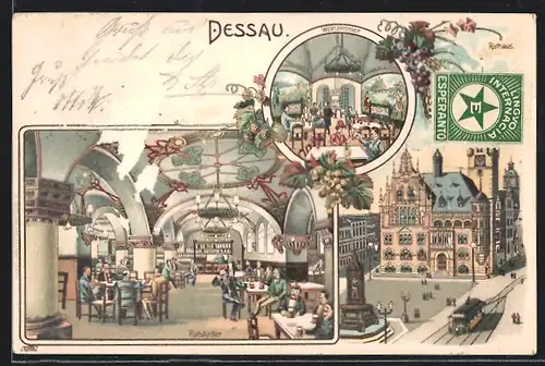 Lithographie Dessau, Rathaus, Ratskeller und Weinzimmer