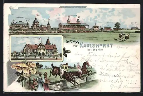 Lithographie Karlshorst bei Berlin, Hotel und Restaurant Fürstenhaus, Haupttribüne, Pferderennen