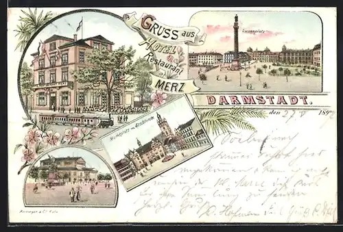 Lithographie Darmstadt, Hotel Restaurant Merz, Luisenplatz, Marktplatz