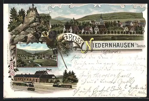 Lithographie Niedernhausen i. Taunus, Bahnhof, Grauenstein, Daisbachthal