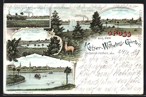 Lithographie Gelsenkirchen, Kaiser-Wilhelms-Garten, Grosse Fontaine, Blick von der Grotte