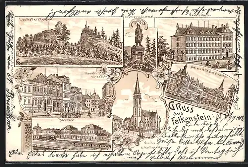 Lithographie Falkenstein i. V., Hauptstrasse, Bahnhof, Bismarckdenkmal, Kirche z. heiligen Kreuz
