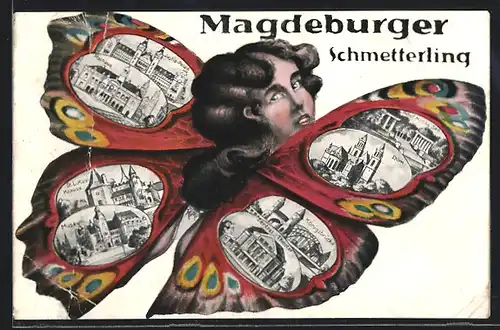 Schmetterling-AK Magdeburg, Fliegender Mensch mit Schmetterlingsflügeln und Ortsansichten, Dom, St. Lukas Klause