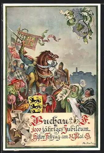 Künstler-AK Buchau, 1000 jähriges Jubiläum 1909, Historischer Festzug