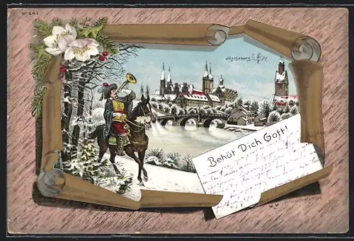 Winter-Lithographie Merseburg, Ortsansicht mit Brücke und Trompeter zu Pferde, Behüt Dich Gott