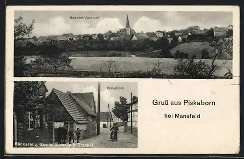 AK Piskaborn bei Mansfeld, Bäckerei-Gemischtwaren R. Trenkel mit Strasse u. Motorrad, Ortspanorama