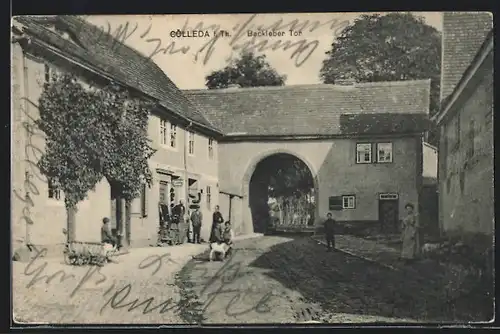 AK Cölleda /Th., Backleber Tor mit Strasse und Zigarrengeschäft, Kinder mit Hundewagen