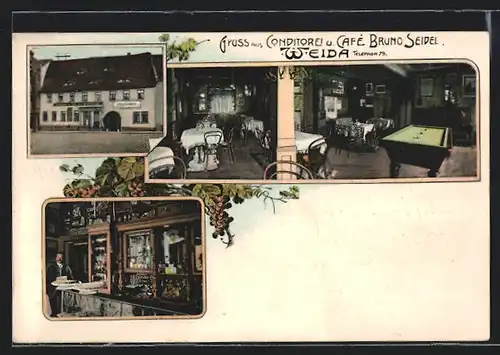 Lithographie Weida, Conditorei und Café Bruno Seidel, Gastraum, Eingang, Theke