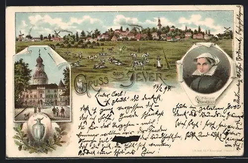 Lithographie Jever, Kibitzbecher, Fräulein Maria von Jever, Panorama mit Kühen