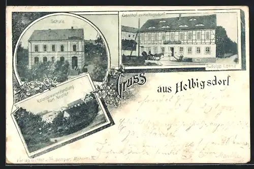Passepartout-AK Helbigsdorf, Gasthof R. Lohse, Kolonialwaren K. Nestler, Schule