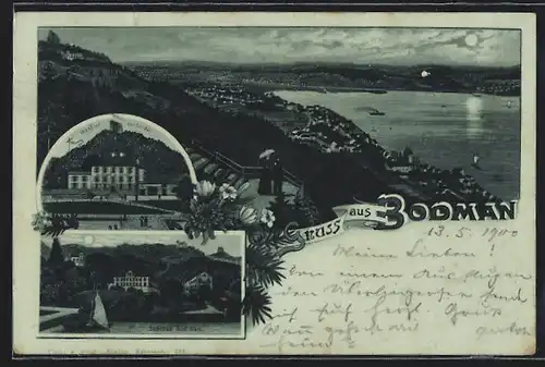 Mondschein-Lithographie Bodman, Gasthof zur Linde, Schloss, Gesamtansicht mit Wasserblick von einem Aussichtspunkt aus
