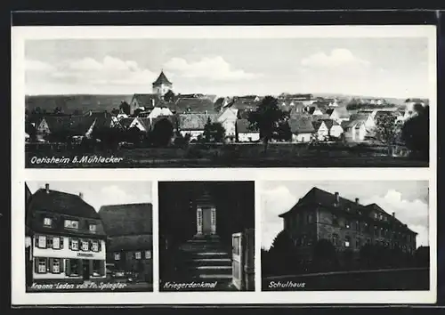 AK Oetisheim b. Mühlacker, Kronen-Laden v. Fr. Spingler, Schulhaus, Panorama