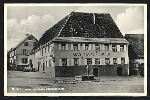 AK Dettingen /Hohenzollern, Gasthof zum Adler J. Hellstern, Strassenansicht mit Brunnen und Automobil