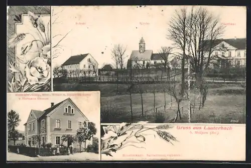 AK Lauterbach bei Stolpen, Materialwarenhandlung-Bäckerei H. Grosser, Panorama mit Schule und Pfarrhaus