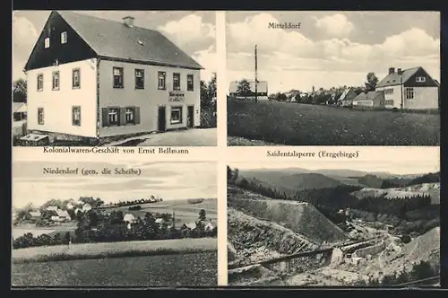 AK Lippersdorf /Erzgeb., Kolonialwaren Bellmann, Niederdorf / die Scheibe, Mitteldorf, Saidentalsperre