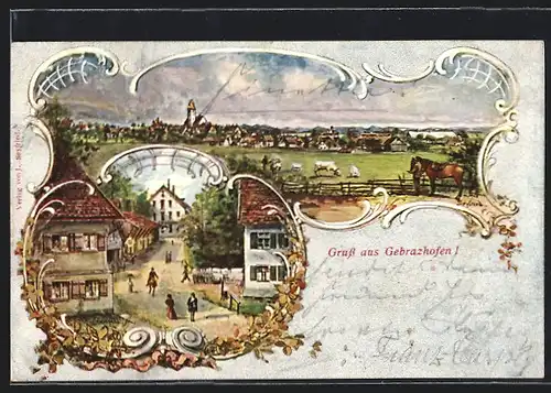 Künstler-AK Gebrazhofen, Strassenpartie und Ortsansicht mit Kuhweide und Reiter