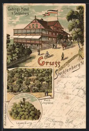 Lithographie Stecklenberg a. H., Lauenburg, Gebirgs-Hotel, Wald-Sitzplätze