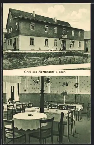 AK Hermsdorf i. Thür., Aussen- und, Innenansicht vom Gasthaus zur schönen Aussicht