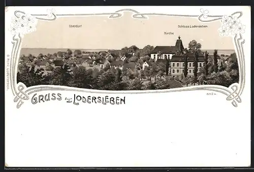 Lithographie Lodersleben, Kirche, Schloss, Oberdorf