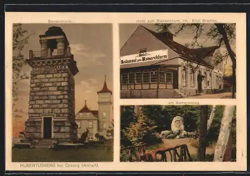 AK Coswig /Anhalt, Hotel zum Bismarckturm, Inh. Erich Brischke, Bismarckturm a. d. Hubertusberg