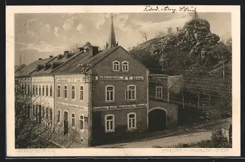 AK Schöneck i. V., Buchdruckerei von F. F. Kaiser mit Friedrich August-Stein