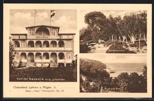 AK Lohme a. Rügen, Ostseebad, Hotel Haus Venz von der Seeseite aus gesehen, Wandelterrasse, Blick zur See