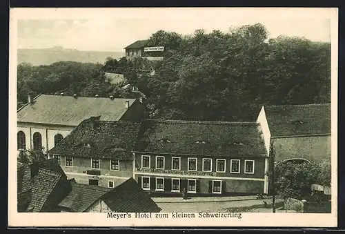 AK Wettin / Saale, Hotel Kleiner Schweizerling aus der Vogelschau