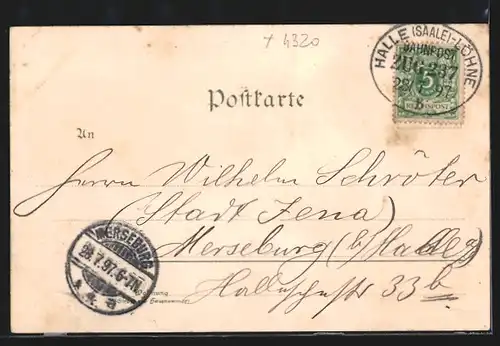 Lithographie Aschersleben, Post, Stephanikirche, Bismarck-Denkmal