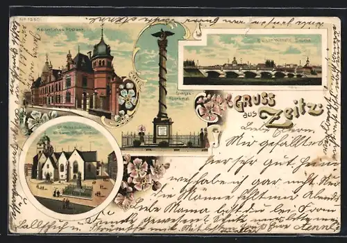 Lithographie Zeitz, Kaiserliches Postamt, Kaiser Wilhelm-Brücke, Sieges-Denkmal