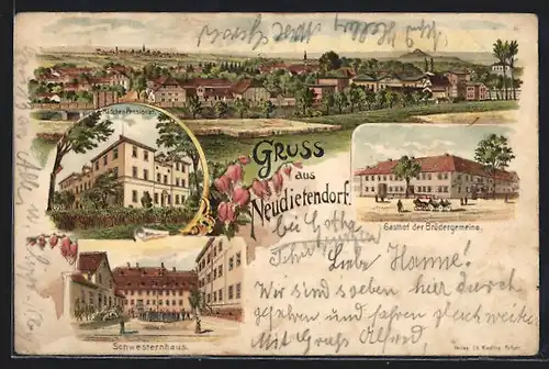 Lithographie Neudietendorf, Gasthof der Bürgergemeinde, Mädchen-Pensionat, Schwesternhaus