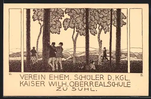 Künstler-AK Suhl, Verein ehemaliger Schüler der Königlichen Kaiser Wilhelm Oberrealschule, Ortspartie mit Bergpanorama