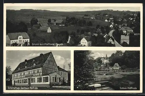 AK Pfaffroda /Erzgeb., Scheinpflugs Gasthaus Pfaffroda, Schloss Pfaffroda, Teilansicht mit Strassenpartie