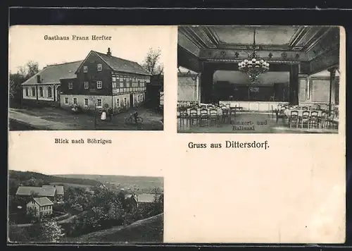 AK Dittersdorf, Gasthaus Franz Herfter, Innenansicht Conzert- und Ballsaal, Blick nach Böhrigen