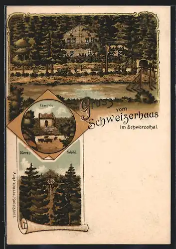 Lithographie Schweizerhaus im Schwarzathal, Eberstein, Dürres Schild, Ortsansicht