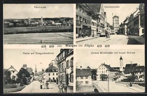 AK Wangen im Allgäu, Herrenstrasse, Partie am Kriegerdenkmal, Untere Bindstrasse mit Isnyer Brücke