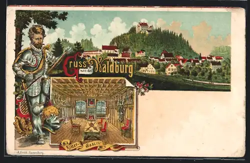 Lithographie Waldburg, Gasthaus mit Rittersaal, Ortsansicht