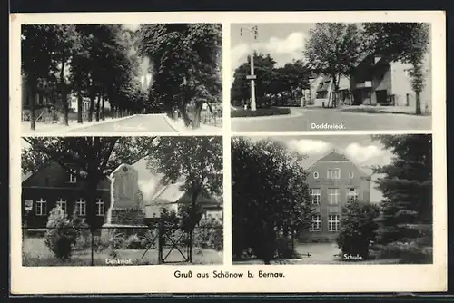 AK Schönow b. Bernau, Dorfstrasse, Schule, Denkmal, Dorfdreieck