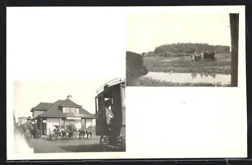 Foto-AK South Saskatoon, Kutsche vor einem Gebäude, Autos am Fluss