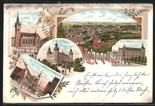Lithographie Hohenelbe, Schloss, Schule, Blick in die Hauptstrasse