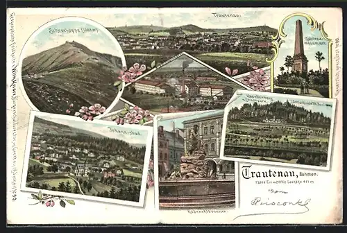 Lithographie Trautenau / Trutnov, Gablenzmonument, Rübezahlbrunnen, Johannisbad, Schneekoppe
