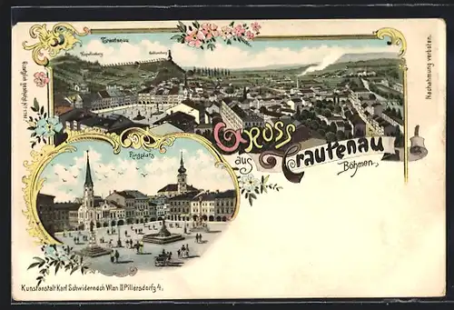 Lithographie Trautenau / Trutnov, Panorama & Blick auf den Ringplatz