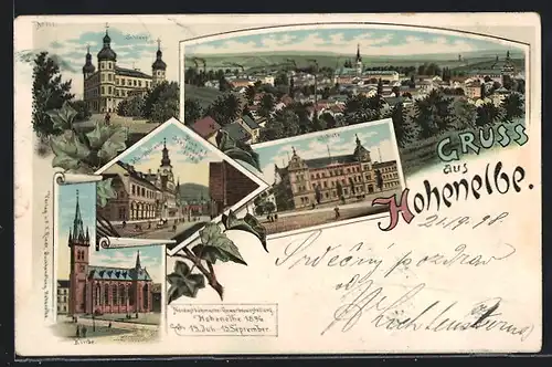 Lithographie Hohenelbe / Vrchlabi, Schloss, Hauptstrasse, Kirche, Schule