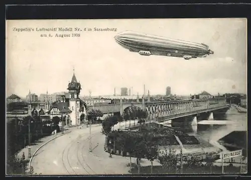 AK Strassburg, Zeppelins Luftschiff Modell Nr. 4 über der Stadt