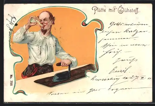 Künstler-AK Plätte mit Glühstoff, Trinker mit Bügeleisen