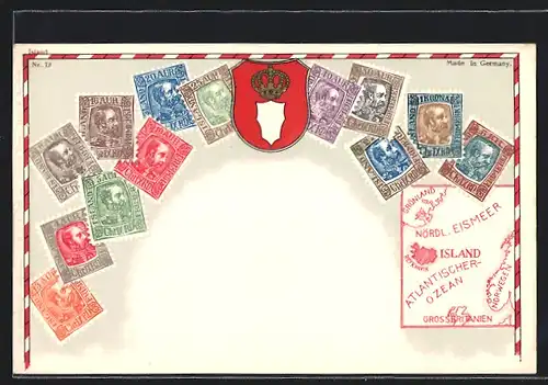 AK Island, Landkarte mit Norwegen, Grönland und Grossbritannien, Briefmarken und Wappen